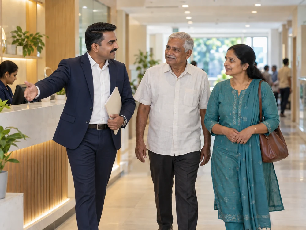 Illustrative scene of a Sevagan coordinator accompanying a family at a hospital